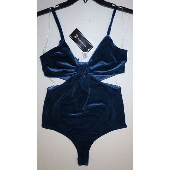 Just Polly JK11705-MA Juniors Sz M Blue Velvet Side Cutout Bodysuit - Picture 3 of 5